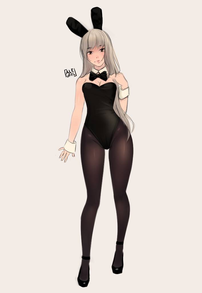1girl, aleuriel, animal_ear_hairband, animal_ears, artist_logo, black_bow, black_bowtie, black_leotard, black_pantyhose, bow, bowtie, breasts, cleavage, commentary, detached_collar, fake_animal_ears, full_body, grey_hair, hairband, leotard, logo, long_hair, looking_at_viewer, original, pantyhose, playboy_bunny, rabbit_ear_hairband, rabbit_ears, simple_background, solo, standing, strapless, strapless_leotard, white_background, wrist_cuffs