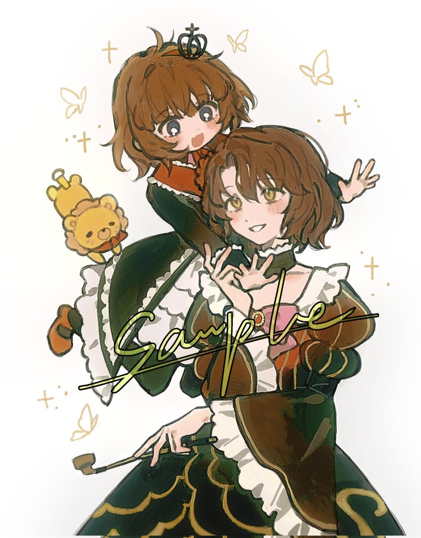 2girls, black_dress, blush, brown_hair, crown, dress, frilled_dress, frills