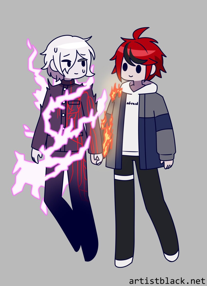 2boys, ahoge, artist_black, artist_name, black_hair, black_pants, burning, closed_mouth