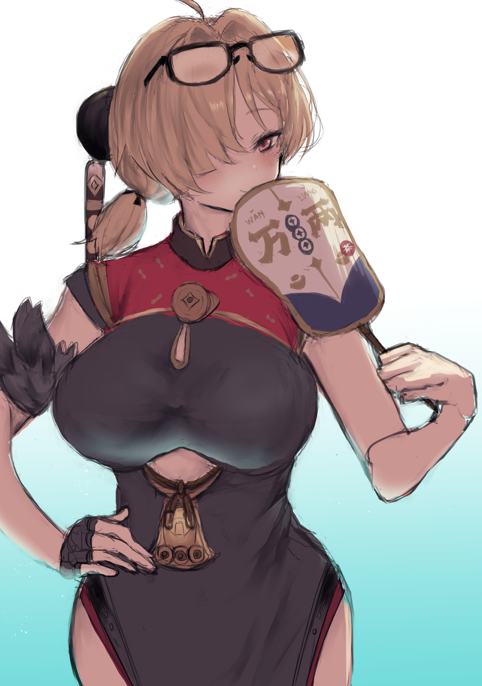 1girl, china_dress, chinese_clothes, clothing_cutout, cutout_above_navel, dress, eyewear_on_head, fingerless_gloves, gaga_(gamerakero), gloves, gradient_background, hand_fan, highres, holding, holding_fan, pelvic_curtain, single_fingerless_glove, solo, sunglasses, sweety_(zenless_zone_zero), tinted_eyewear, tuanshan, yellow-tinted_eyewear, zenless_zone_zero