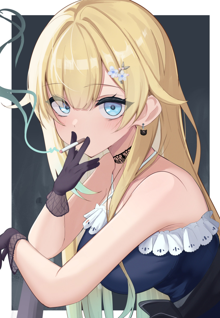 1girl, aizawa_ema, aizawa_ema_(1st_costume), black_choker, black_gloves, blonde_hair, blue_dress, blue_eyes