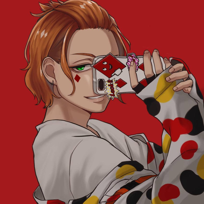 1boy, cater_diamond, cater_diamond_(beans_camo), cellphone, commentary_request, green_eyes, grin, hands_up, highres, holding, holding_phone, jacket, looking_at_viewer, male_focus, orange_hair, phone, red_background, short_hair, simple_background, sleeves_past_wrists, smile, solo, twisted_wonderland, ukichan12011, upper_body
