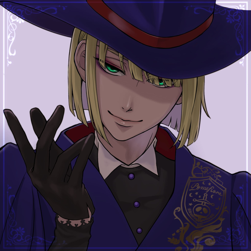 1boy, blonde_hair, border, commentary_request, green_eyes, hand_up, hat, head_tilt