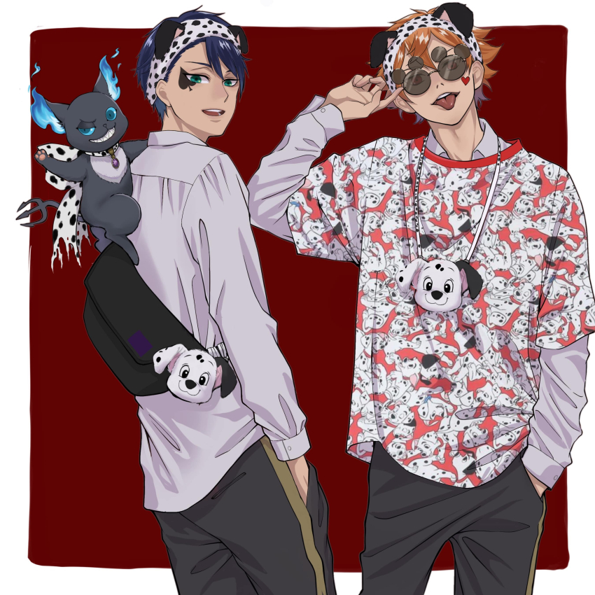 101_dalmatians, 2boys, absurdres, ace_trappola, animal_ears, animal_print, blue_hair, commentary_request