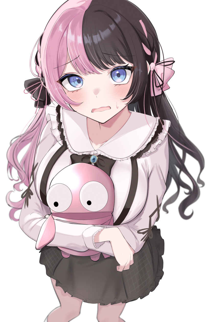 1girl, absurdres, black_bow, black_bowtie, black_hair, black_skirt, blue_eyes, blush