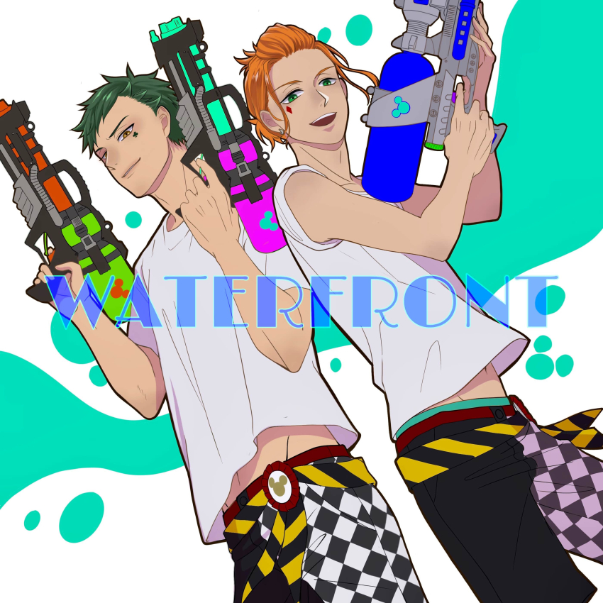 2boys, absurdres, aqua_background, blue_hair, cater_diamond, commentary_request, cowboy_shot, green_eyes, highres, looking_at_viewer, male_focus, midriff_peek, multiple_boys, orange_hair, shirt, short_hair, trey_clover, twisted_wonderland, ukichan12011, water_gun, white_shirt, yellow_eyes