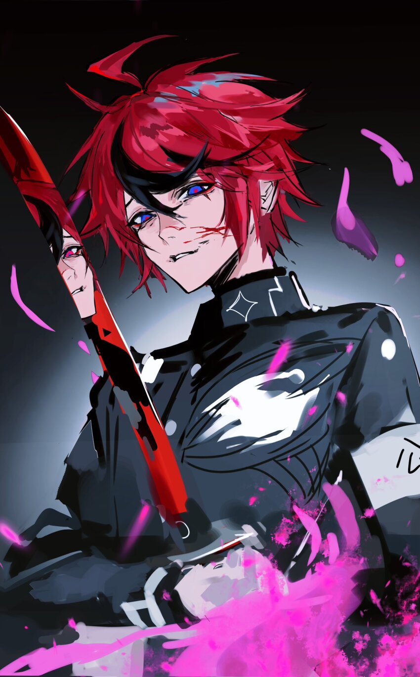 1boy, ahoge, armband, binxngchng1, black_hair, blood, blood_on_face, blood_splatter