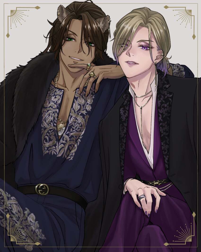 2boys, animal_ears, arm_on_another's_shoulder, black_coat, blonde_hair, brown_hair, coat, coat_on_shoulders