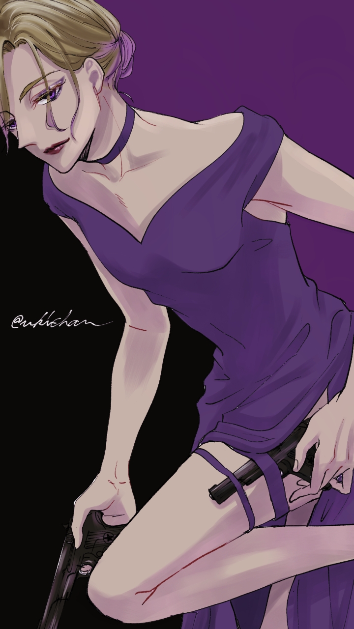 1boy, blonde_hair, commentary_request, copyright_request, crossdressing, crossdressing_(mtf), dress, gun, highres, holding, holding_gun, holding_weapon, holster, looking_at_viewer, male_focus, purple_dress, purple_eyes, purple_hair, short_hair, solo, standing, standing_on_one_leg, thigh_holster, trap, twisted_wonderland, ukichan12011, vil_schoenheit, weapon