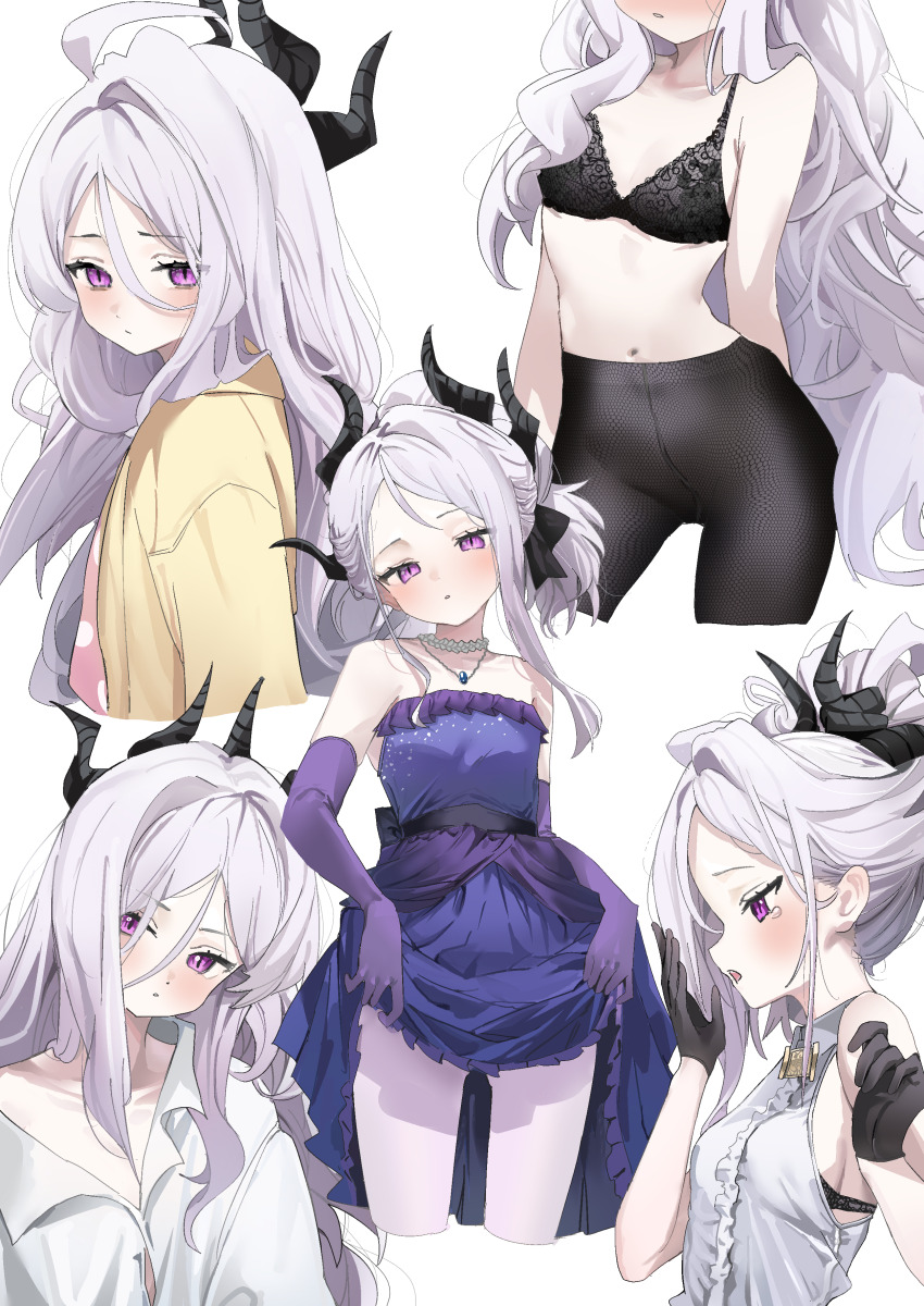 1girl, absurdres, bare_shoulders, black_bra, black_halo, black_horns, black_pantyhose, blue_archive