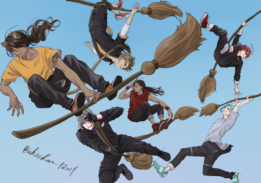 6+boys, animal_ears, blue_background, blue_hair, broom, broom_riding, brown_hair, commentary_request