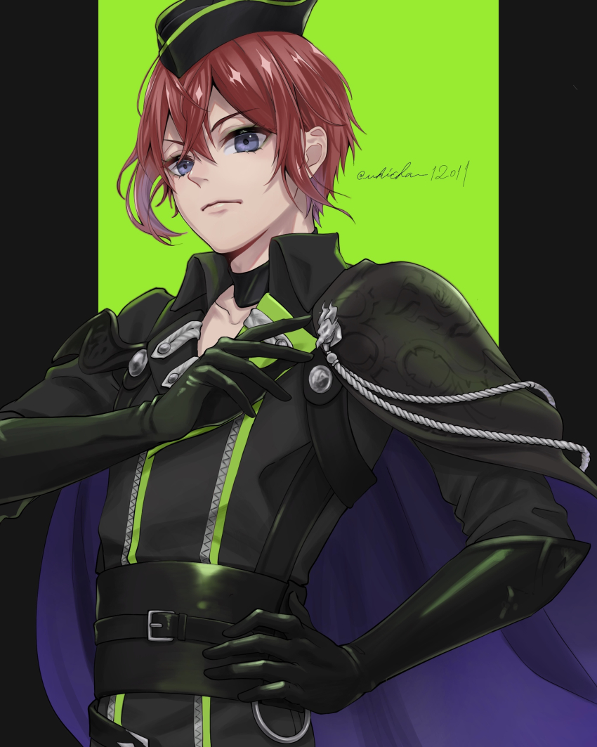 1boy, absurdres, aiguillette, black_coat, black_gloves, cape, coat, commentary_request