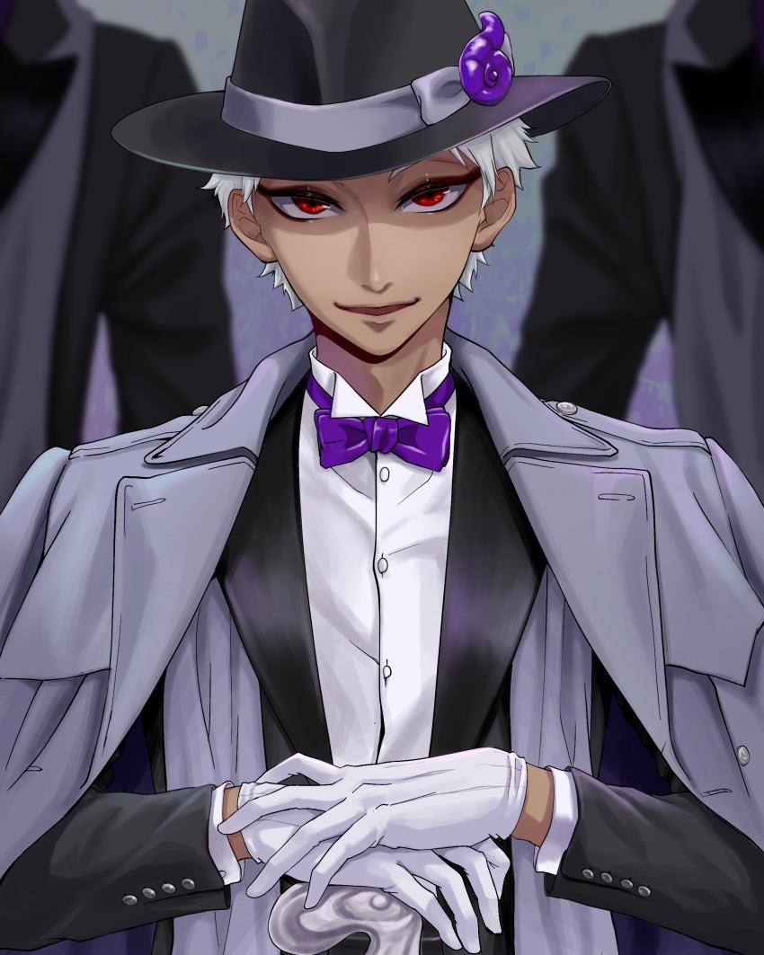 3boys, absurdres, azul_ashengrotto, azul_ashengrotto_(cosplay), black_jacket, bow, bowtie, cane, coat, coat_on_shoulders, commentary_request, cosplay, dark-skinned_male, dark_skin, gloves, grey_coat, hat, highres, jacket, kalim_al-asim, looking_at_viewer, male_focus, multiple_boys, purple_bow, purple_bowtie, red_eyes, shirt, short_hair, twisted_wonderland, ukichan12011, very_short_hair, white_gloves, white_hair, white_shirt