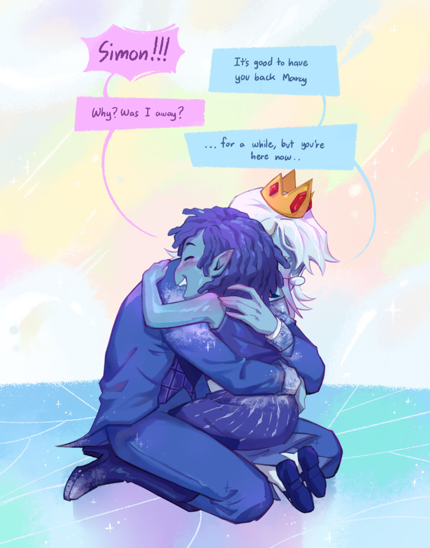 1boy, 1girl, adventure_time, adventure_time:_fionna_and_cake, blush, child, colored_skin, crown