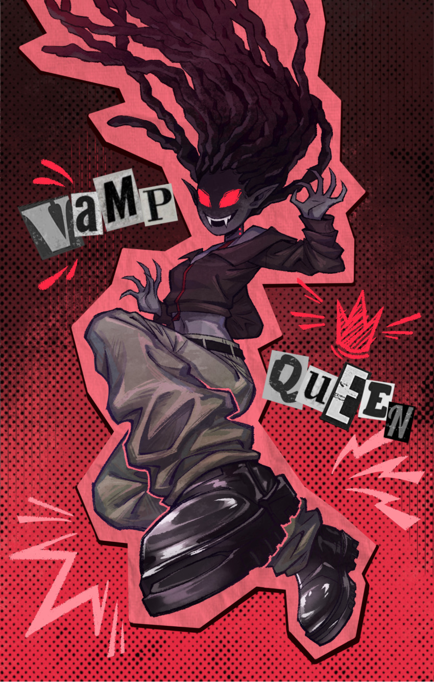 1girl, adventure_time, alternate_hairstyle, alternate_skin_color, bite_mark, black_hair, boots, claws, colored_skin, crop_top, dreadlocks, falling, fangs, floating_hair, grey_skin, halftone, halftone_background, highres, long_hair, marceline_abadeer, mebssann, midriff, navel, open_mouth, pants, pointy_ears, red_eyes, smile, solo, vampire