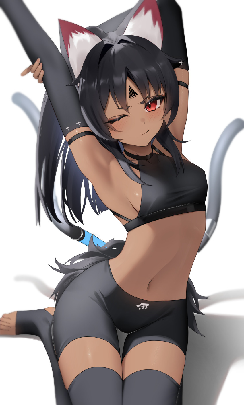 1girl, absurdres, animal_ear_fluff, animal_ears, armpits, arms_up, barcode, black_gloves