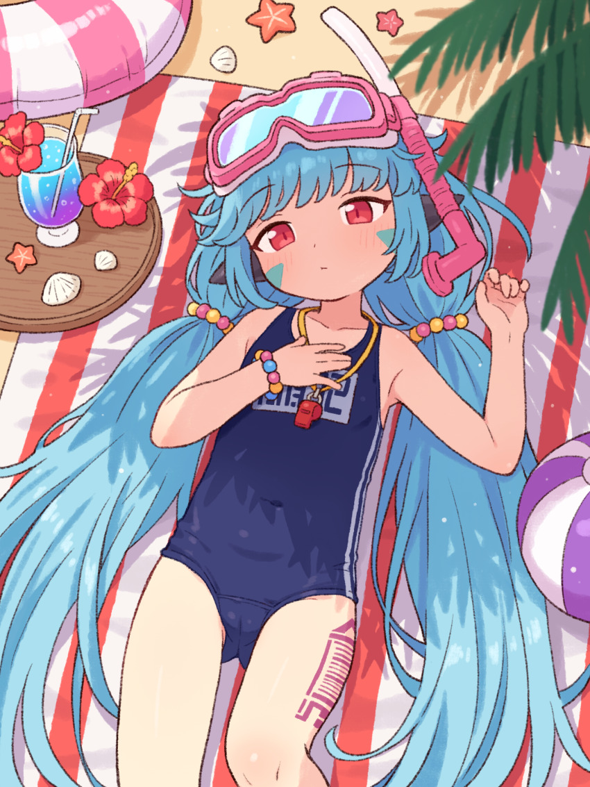 1girl, ball, beachball, blue_hair, blue_one-piece_swimsuit, cameltoe, closed_mouth, commission
