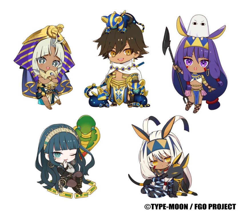 2boys, 3girls, ancient_egyptian, ancient_egyptian_clothes, animal_ears, antenna_hair, bandages, bird, black_bandages, chibi, chibi_only, cleopatra_(fate), dark-skinned_female, dark-skinned_male, dark_skin, earrings, facepaint, facial_mark, fate/grand_order, fate_(series), green_eyes, green_hair, grey_eyes, grey_hair, hair_between_eyes, hairband, hoop_earrings, jackal, jackal_ears, jewelry, koyori_tsuda, long_hair, looking_at_viewer, medjed_(fate), multiple_boys, multiple_girls, nitocris_(fate), nitocris_alter_(fate), nitocris_alter_(first_ascension)_(fate), official_art, one_eye_closed, open_mouth, ozymandias_(fate), promotional_art, purple_eyes, purple_hair, short_hair, sidelocks, simple_background, smile, snake, sphinx, tutankhamun_(fate), tutankhamun_(second_ascension)_(fate), usekh_collar, white_background, white_hair, yellow_eyes