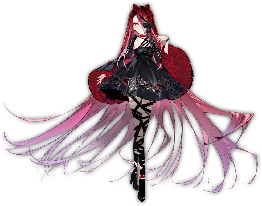 1girl, anklet, bare_shoulders, black_dress, black_nails, black_ribbon, black_shrug, bracelet