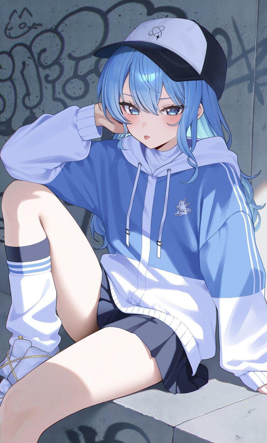1girl, :p, absurdres, asymmetrical_sidelocks, black_skirt, blue_eyes, blue_hair, blue_jacket