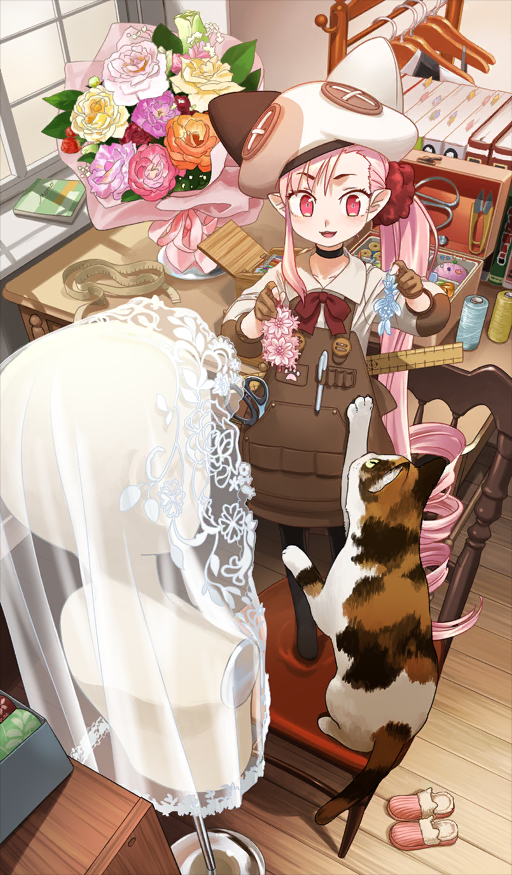 1girl, blush, bouquet, breasts, brown_dress, brown_gloves, cat, chair