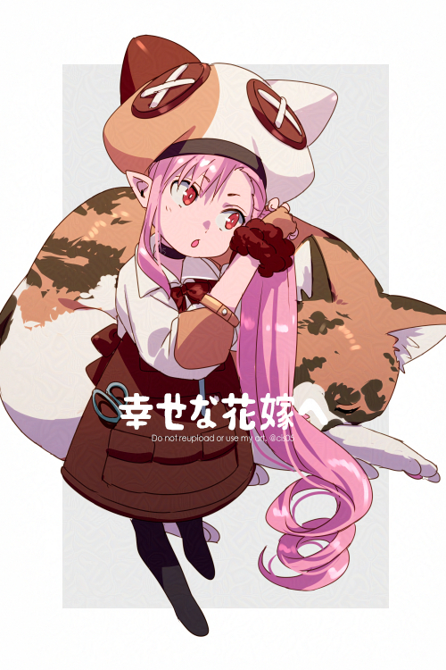 1girl, adversarial_noise, blush, breasts, brown_dress, brown_gloves, cat, choker, dress, echo_(circa), fate/grand_order, fate_(series), gloves, habetrot_(blessed_bride)_(fate), habetrot_(fate), hat, long_hair, long_sleeves, looking_to_the_side, open_mouth, pink_hair, pointy_ears, red_eyes, shirt, side_ponytail, sidelocks, small_breasts, translation_request, very_long_hair, white_hat, white_shirt