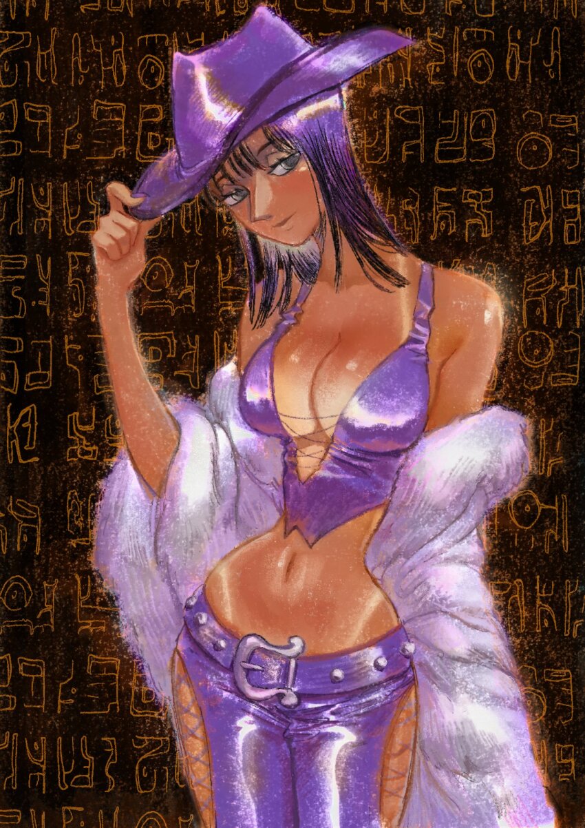 1girl, adapted_costume, bare_shoulders, black_hair, blunt_bangs, breasts, cleavage, coat