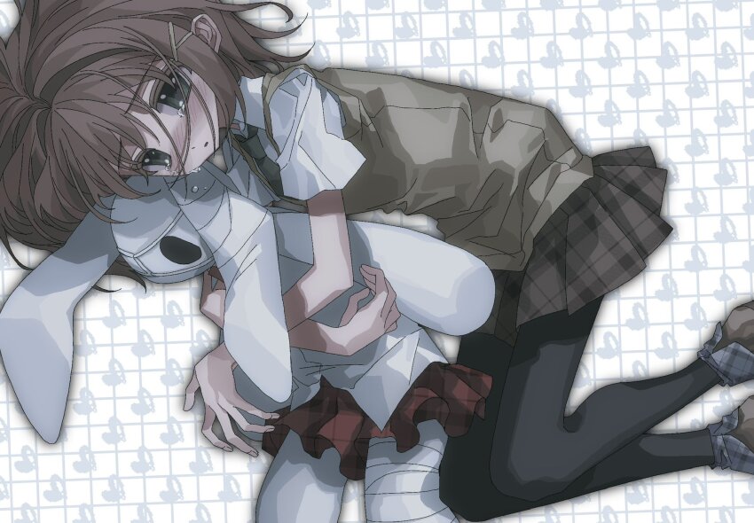 1girl, black_pantyhose, blush, brown_hair, brown_skirt, collared_shirt, crying, crying_with_eyes_open