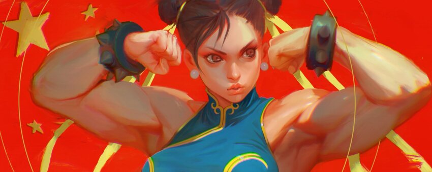 1girl, armpits, bracelet, brown_hair, capcom, chinese_clothes, chun-li, double_bun, earrings, hair_bun, highres, jade_law, jewelry, looking_to_the_side, muscular, muscular_female, people's_republic_of_china_flag, red_background, solo, spiked_bracelet, spikes, street_fighter