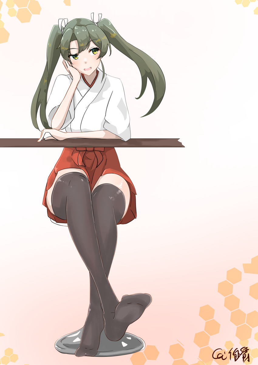 1girl, absurdres, bar_stool, black_thighhighs, coic_hakushaku, green_eyes, green_hair, hair_ribbon, hakama, hakama_short_skirt, hakama_skirt, hand_on_own_cheek, hand_on_own_face, head_on_hand, highres, japanese_clothes, kantai_collection, no_shoes, open_mouth, red_skirt, ribbon, shirt, sitting, skirt, smile, solo, stool, thighhighs, twintails, white_ribbon, white_shirt, zuikaku_(kancolle)