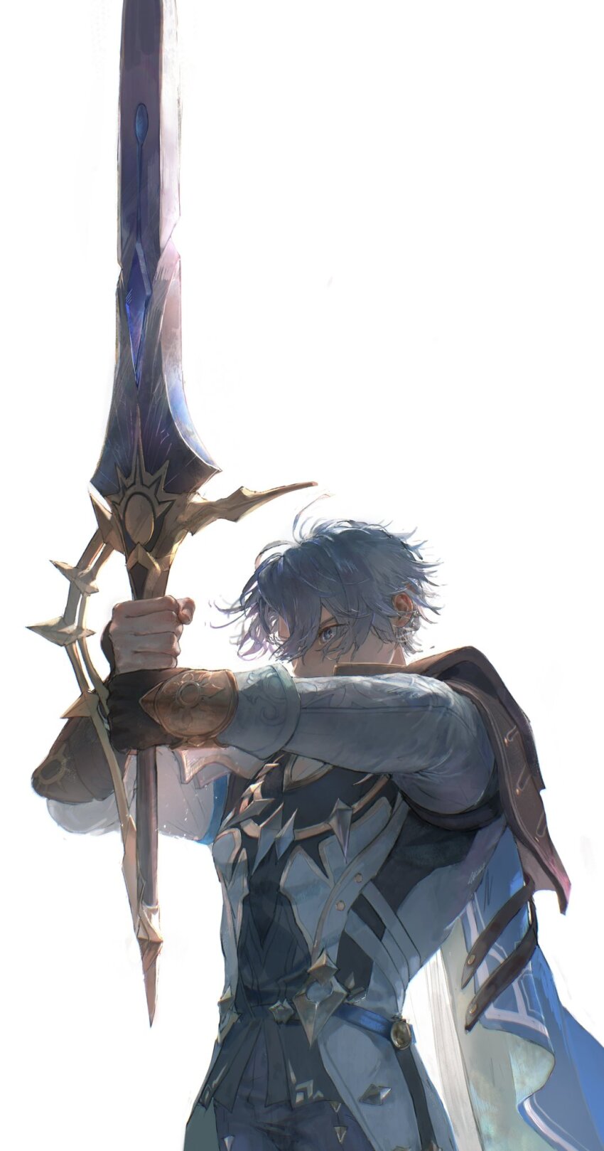 1boy, aonon_040, armor, black_gloves, black_pants, black_shirt, blue_cape, blue_eyes