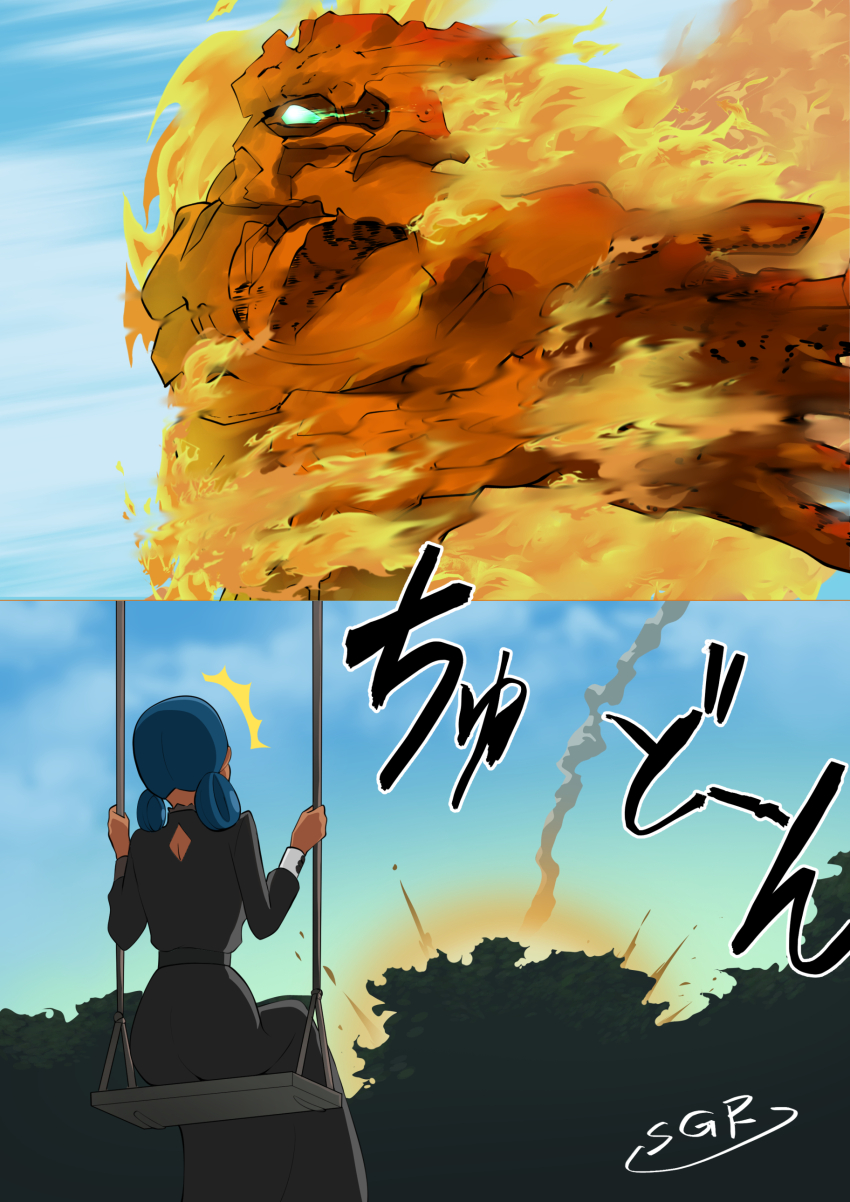 absurdres, black_hair, cloud, commentary_request, dark-skinned_female, dark_skin, double_bun, dress