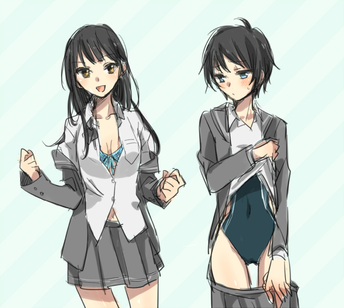 2girls, amagami, ayatsuji_tsukasa, bikini, bikini_under_clothes, black_hair, blue_eyes, blush