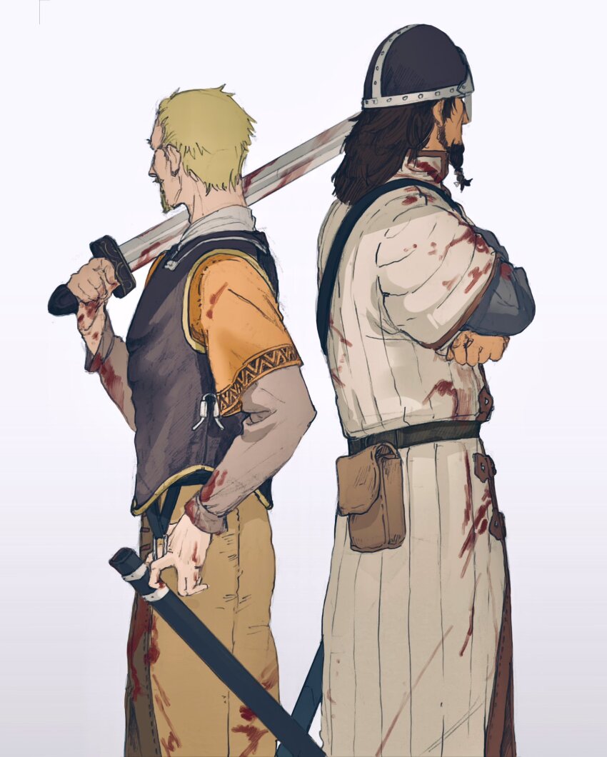 2boys, askeladd, beard, bjorn_(vinland_saga), blood, eshino_makiya00, facial_hair, helmet, highres, holding, holding_sword, holding_weapon, male_focus, multiple_boys, nasal_helmet, simple_background, sword, viking, vinland_saga, weapon