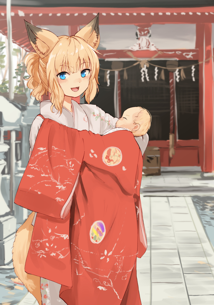 1boy, 1girl, animal_ear_fluff, animal_ears, architecture, baby, batta_(kanzume_quality), blonde_hair, blue_eyes, carrying, carrying_baby, carrying_person, commentary_request, east_asian_architecture, facing_viewer, floral_print, fox_ears, fox_girl, fox_son_(batta_(kanzume_quality)), fox_tail, fox_wife_(batta_(kanzume_quality)), japanese_clothes, kimono, kitsune_no_oyome-chan, kitsune_no_oyome-chan_to_musuko-chan, kouhaku_nawa, looking_at_viewer, mother_and_child, mother_and_son, open_mouth, outdoors, paid_reward_available, parent_and_child, ponytail, red_kimono, rope, shimenawa, shrine, sidelocks, stone_walkway, tail, white_kimono
