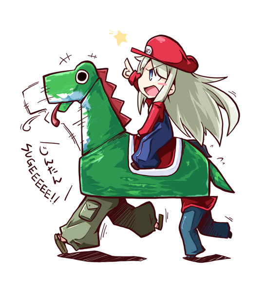 1girl, 2boys, alternate_costume, ano_hi_mita_hana_no_namae_wo_bokutachi_wa_mada_shiranai., blue_eyes, blush_stickers, cosplay, crossover, haribote_elegy, hisakawa_tetsudou, honma_meiko, japan_world_cup, mario, mario_(cosplay), mario_(series), multiple_boys, nintendo, reku, riding, silver_hair, simple_background, yadomi_jinta, yoshi, yoshi_(cosplay)