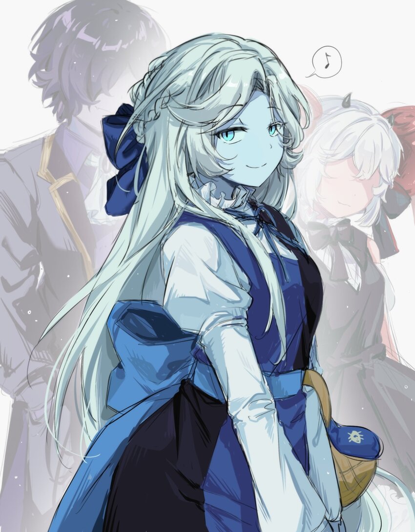 1boy, 2girls, basket, black_sapphire_cookie, blue_dress, blush, candy_apple_cookie, chatof14, cookie, cookie_run, cookie_run:_kingdom, dress, food, heterochromia, highres, holding, holding_basket, multiple_girls, shadow_milk_cookie, lady_in_azure, slit_pupils, smile