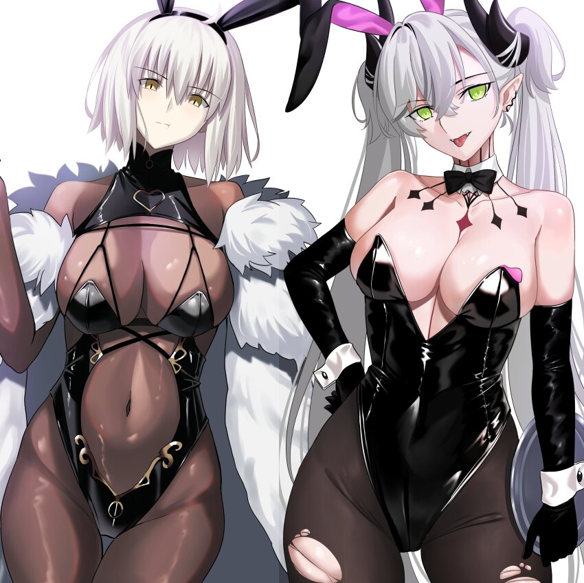 2girls, absurdres, ahoge, animal_ears, backlighting, bare_shoulders, black_gloves, black_leotard, body_markings, bodysuit, breasts, brown_bodysuit, brown_pantyhose, center_opening, cleavage, coat, cosplay, covered_navel, demon_girl, demon_horns, demon_wings, detached_collar, elbow_gloves, evertale, fake_animal_ears, fate/grand_order, fate_(series), fur_coat, gloves, green_eyes, grey_hair, highleg, highleg_leotard, highres, horns, jeanne_d'arc_alter_(fate), lancelot_(evertale), lancelot_(evertale)_(cosplay), large_breasts, leotard, lilith_(fate), long_hair, longdq3008, looking_at_viewer, medium_breasts, multiple_girls, pantyhose, playboy_bunny, pointy_ears, rabbit_ears, see-through_cleavage, see-through_clothes, short_hair, smile, torn_clothes, torn_pantyhose, twintails, very_long_hair, white_coat, wings, wrist_cuffs, yellow_eyes