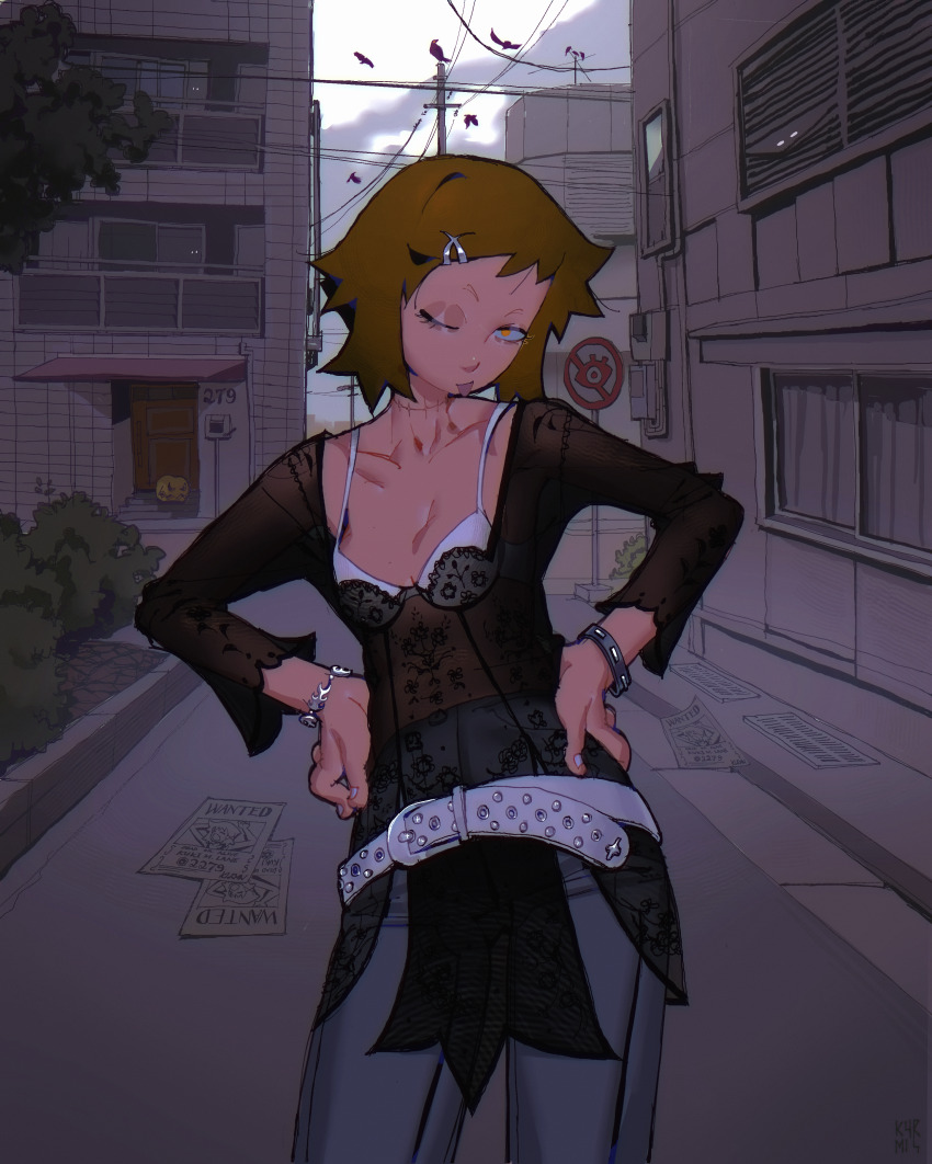 1girl, absurdres, bird, bracelet, breasts, brown_hair, bush, carmine3