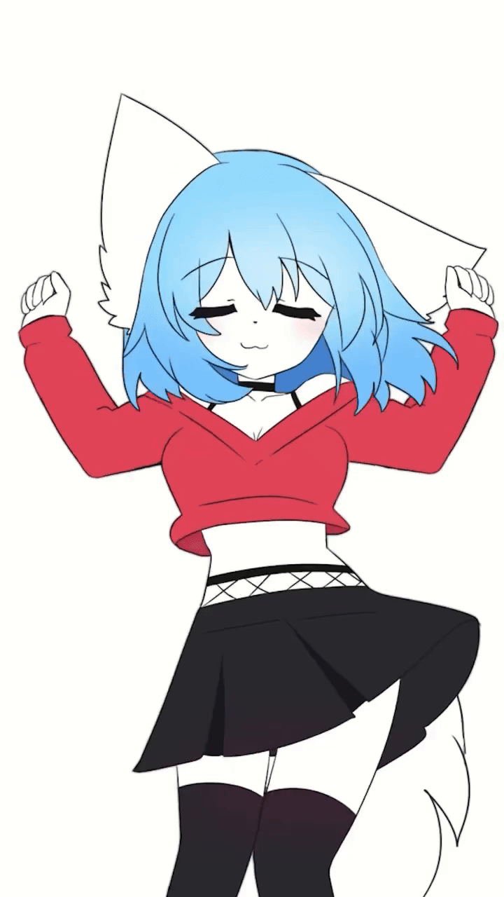 :3, animal_ears, animated, animated_gif, black_skirt, blue_hair, closed_eyes, cropped_jacket, dancing, highres, looping_animation, red_shirt, shirt, short_hair, skirt, swaying, tail, thighhighs, white_background, wolf_ears, wolf_girl, wolf_tail, wolfychu, wolfychu_(artist)