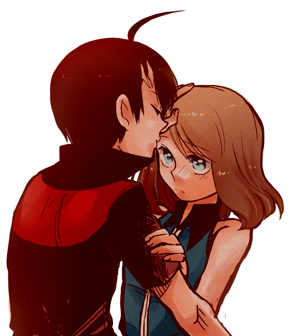 00s, 1boy, 1girl, ahoge, bad_id, bad_pixiv_id, black_hair, blouse, blue_eyes, blush, brendan_(pokemon), brown_hair, closed_eyes, couple, fang, hetero, kiss, kissing_forehead, may_(pokemon), nintendo, pokemon, pokemon_adventures, pokemon_ruby/sapphire/emerald, scar, shirou_(vista), shirt, short_hair, sleeveless, standing