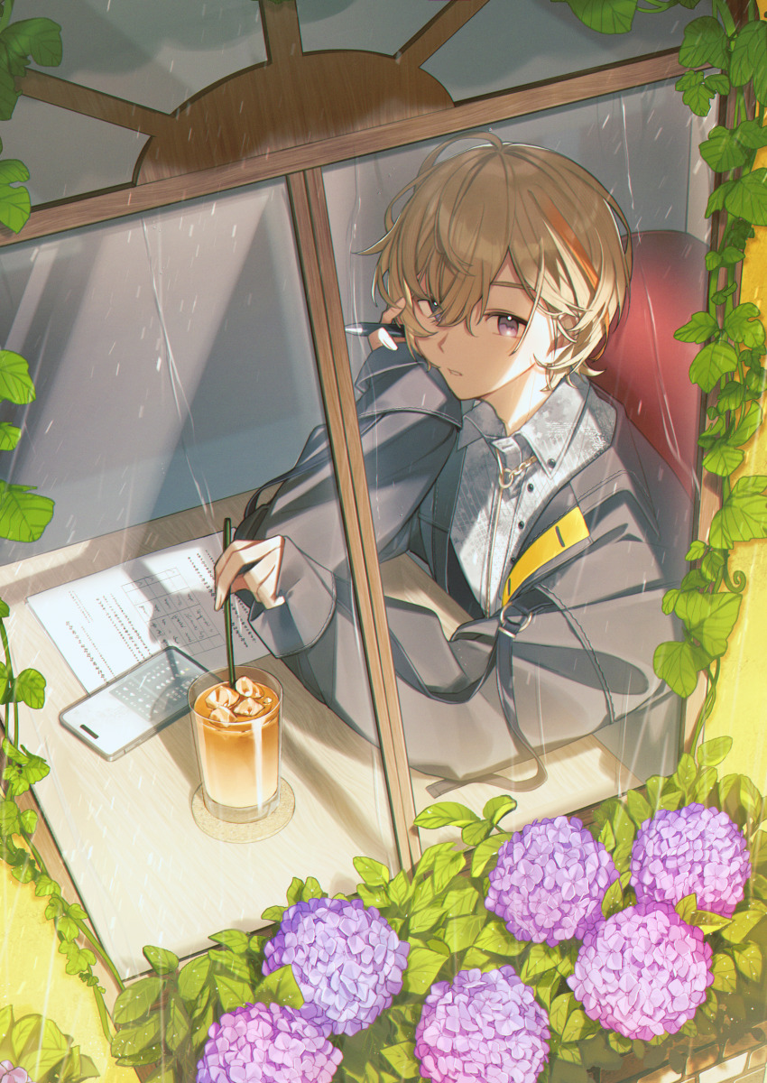 1boy, absurdres, blonde_hair, cellphone, chair, collared_shirt, commentary_request, flower