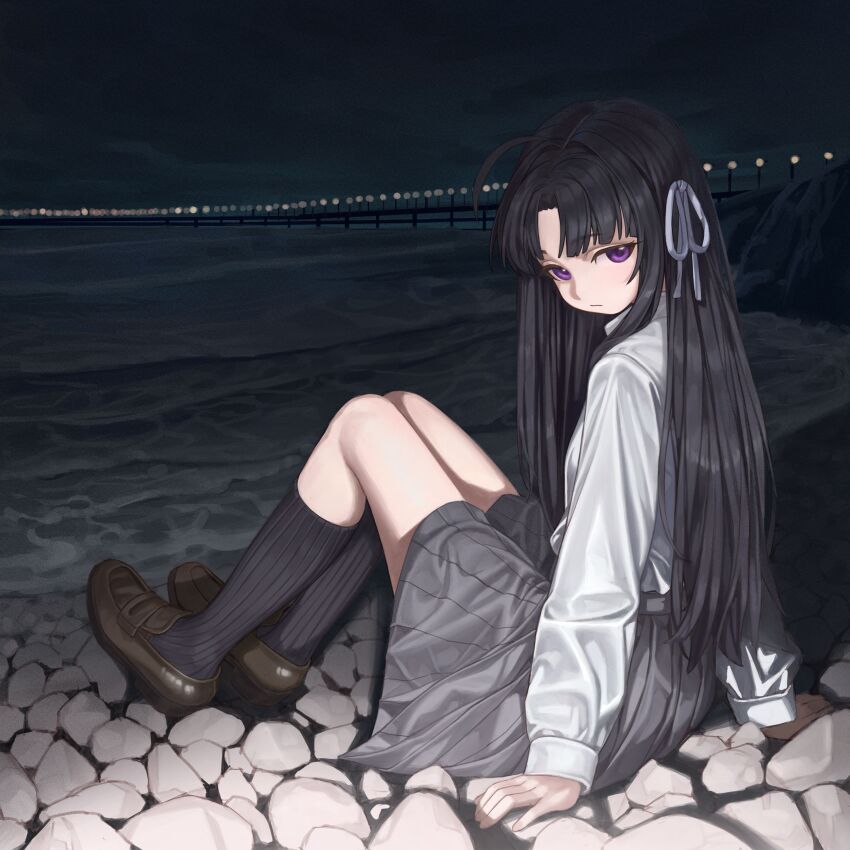 1girl, absurdres, ahoge, awa_subaru, beach, black_hair, black_socks, bridge
