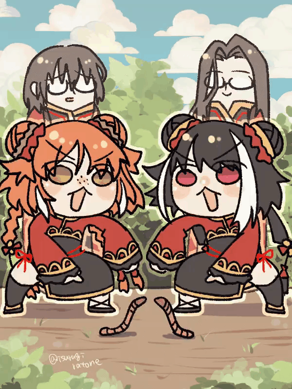 2boys, 2girls, animated, animated_gif, black_dress, black_hair, braid, brown_hair, cloud, commentary_request, day, double_bun, dress, earthworm, fighting, freckles, frilled_sleeves, frills, hair_bun, hongyuan_(identity)_(project_moon), ishmael_(project_moon), isurugiratone, jia_xichun_(project_moon), limbus_company, long_hair, long_sleeves, multicolored_hair, multiple_boys, multiple_girls, open_mouth, orange_hair, outdoors, pointing, project_moon, red_eyes, red_shrug, shrug_(clothing), sidelocks, signature, standing, streaked_hair, twin_braids, wei_(project_moon), worm, yellow_eyes, yi_sang_(project_moon)