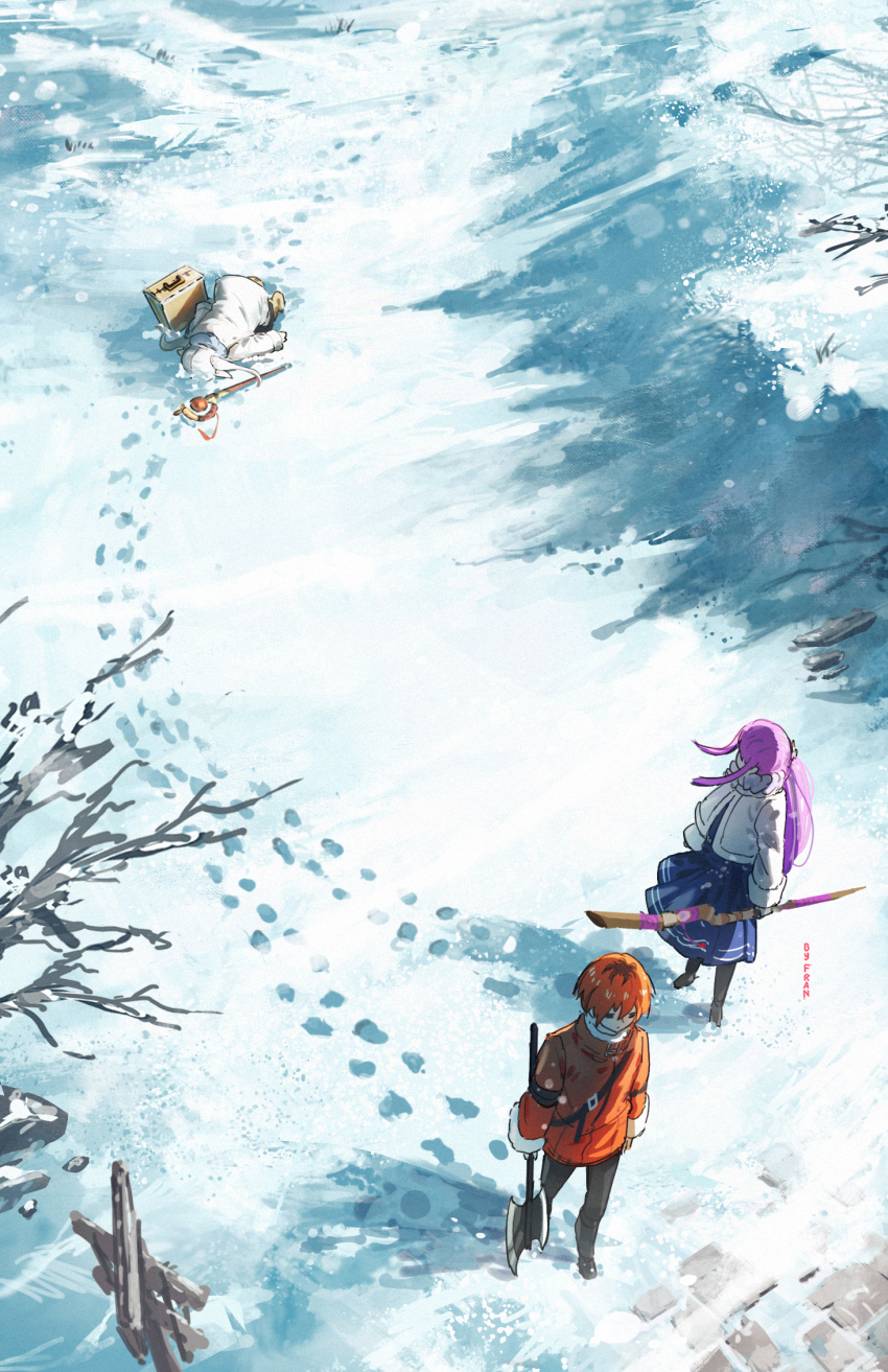 1boy, 2girls, axe, bare_tree, black_pants, blue_skirt, briefcase, coat