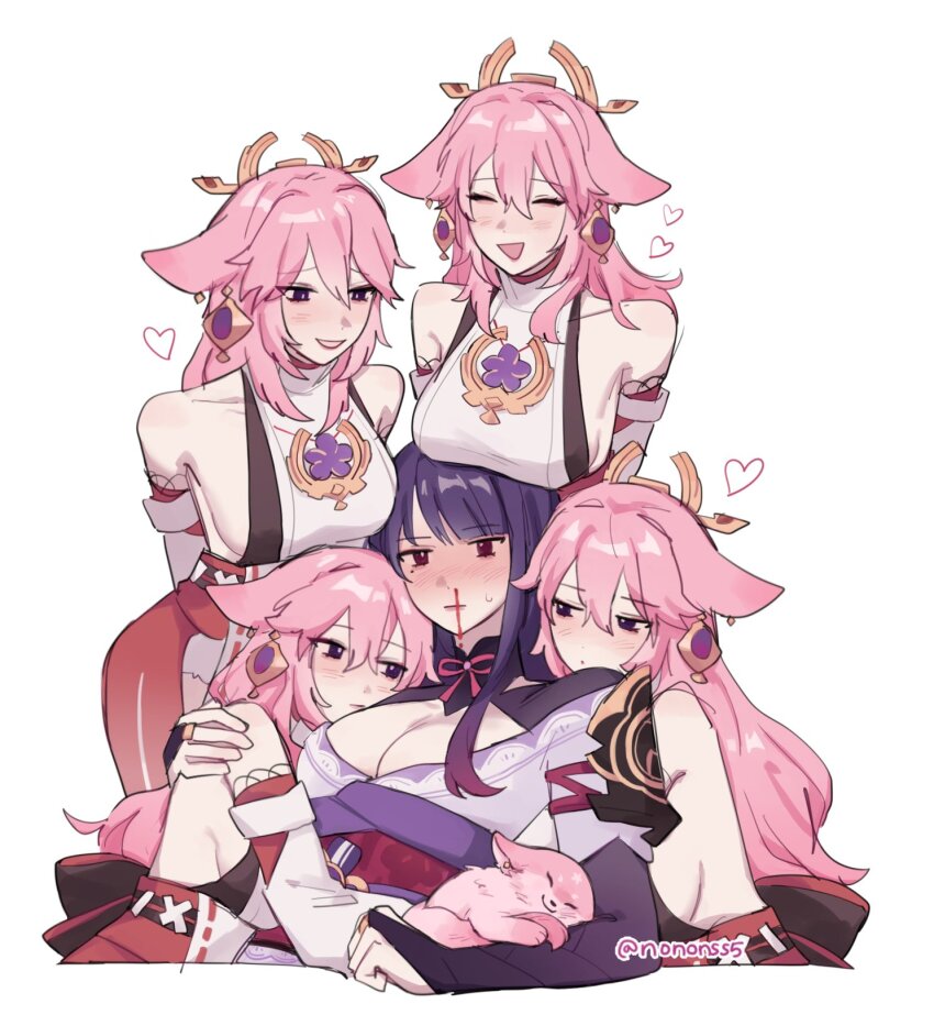 5girls, animal_ears, black_eyes, blood, blush, breasts, bridal_gauntlets, cleavage