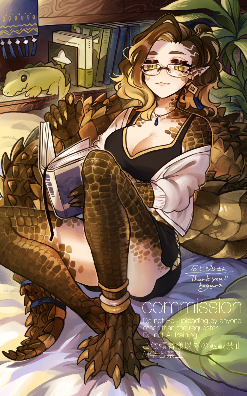 1girl, black_shirt, black_shorts, black_tank_top, blonde_hair, book, brown_hair, closed_mouth