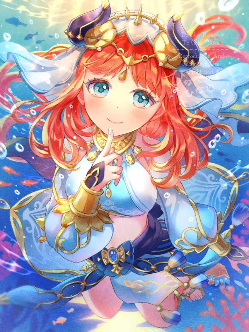 1girl, aqua_eyes, aqua_nails, blue_gem, blush, breasts, circlet, closed_mouth