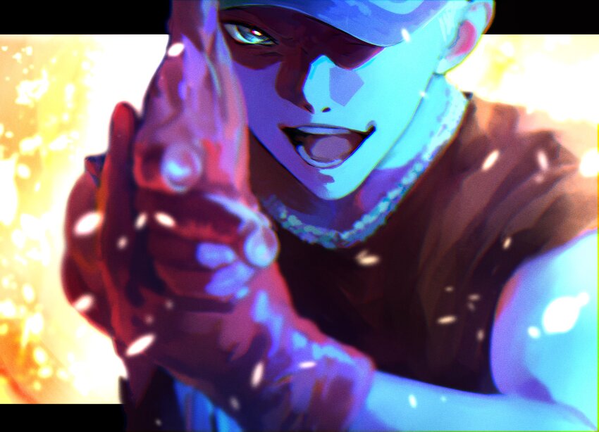 1boy, absurdres, aiming, aiming_at_viewer, black_shirt, blue_light, commentary_request, finger_gun