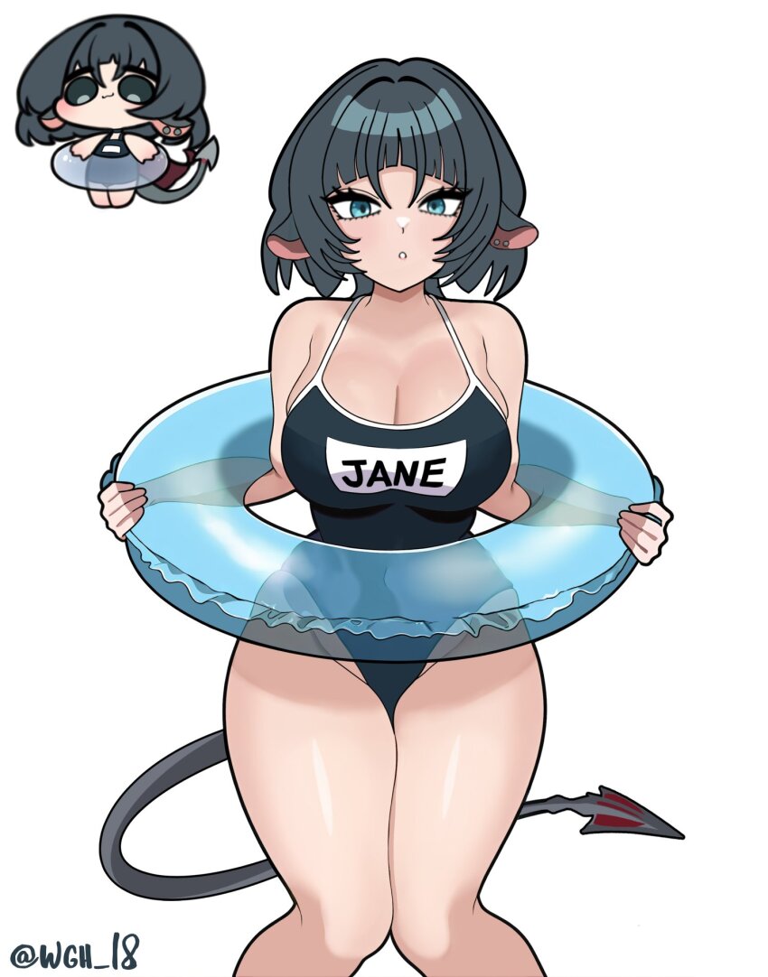 1girl, :3, animal_ears, blue_eyes, blue_one-piece_swimsuit, breasts, character_name, chibi, chibi_inset, cowboy_shot, earrings, green_eyes, highres, innertube, jane_doe_(zenless_zone_zero), jewelry, large_breasts, looking_at_viewer, mouse_ears, mouse_tail, one-piece_swimsuit, short_hair, signature, simple_background, solo, swim_ring, swimsuit, tail, thighhighs, wgh18, white_background, zenless_zone_zero